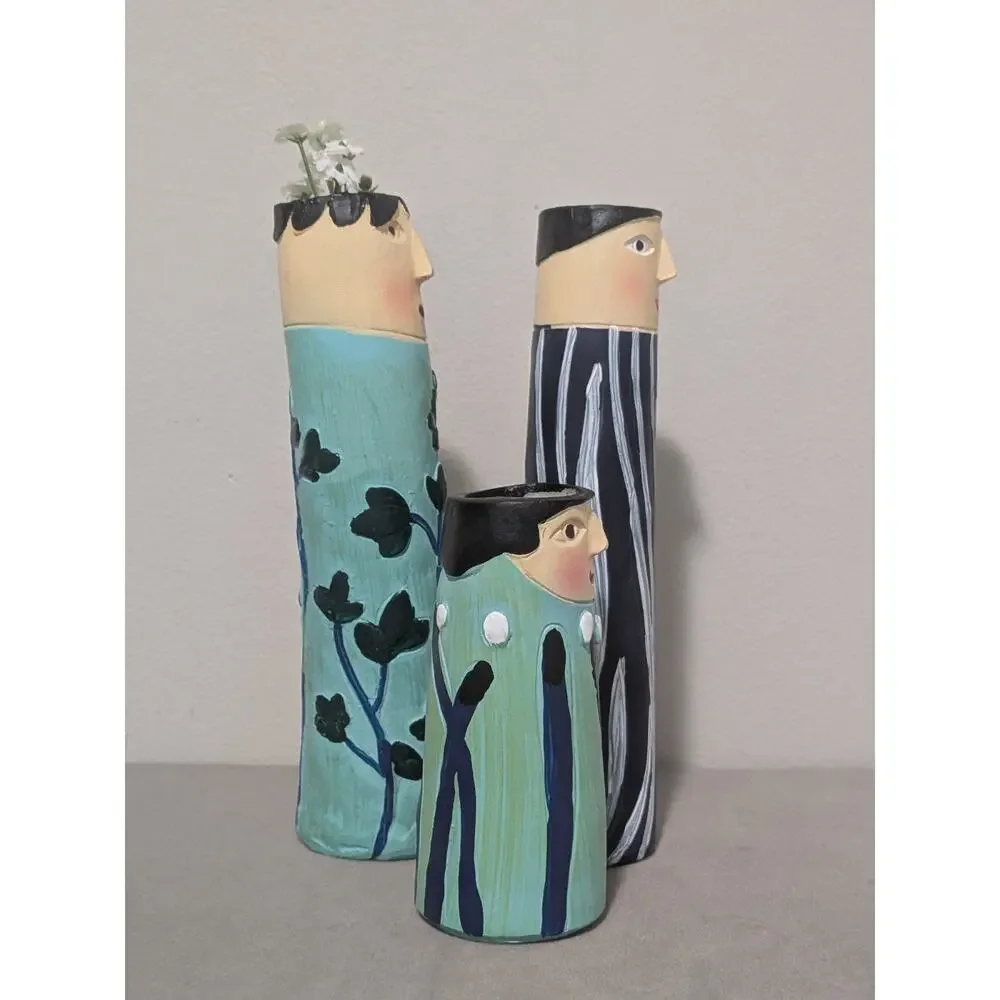 Set of 3 Bohemian Spring Family Resin Face Bud Vases Whimsical Boho Decor